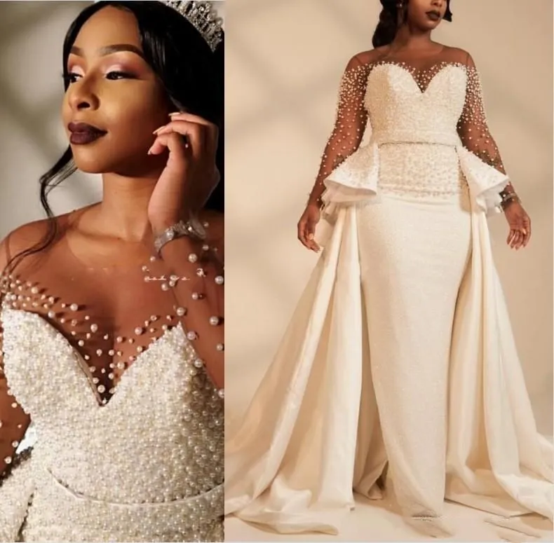 

FA252 2022 African Mermaid Plus Size Wedding Dresses Overskirts Sheer Neck Long Sleeve Pearls beaded Garden Country Bridal Gowns, Default or custom