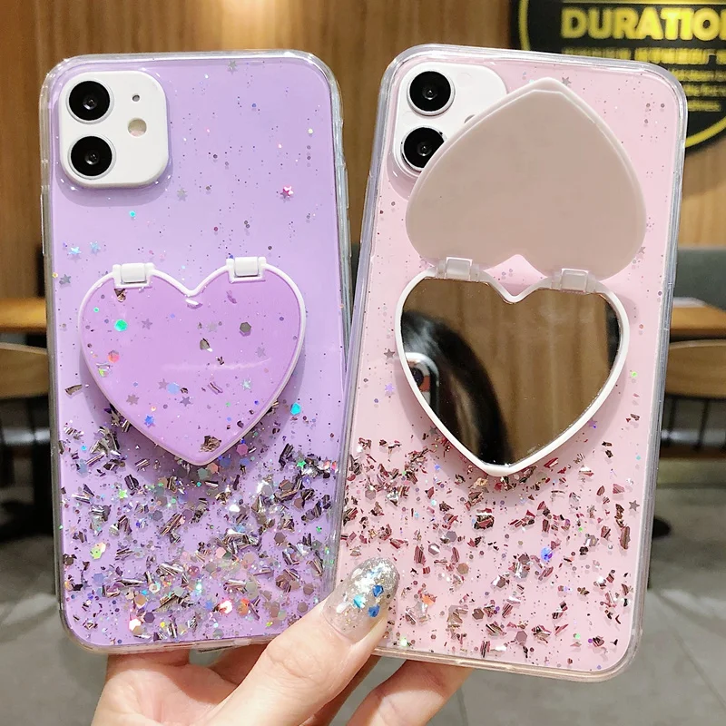 

wholesale Glitter Phone Case for iPhone XR XS 11 Pro Max Makeup Mirror Cell Phone Case for iPhone 12 Case with Heart Holder, Black,pink,purple,green,clear