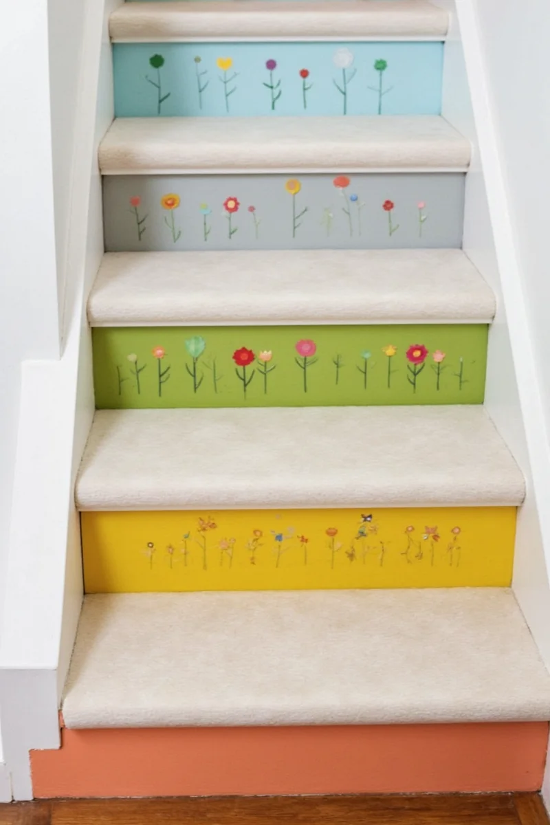 Chalkboard-painted stairs with doodles