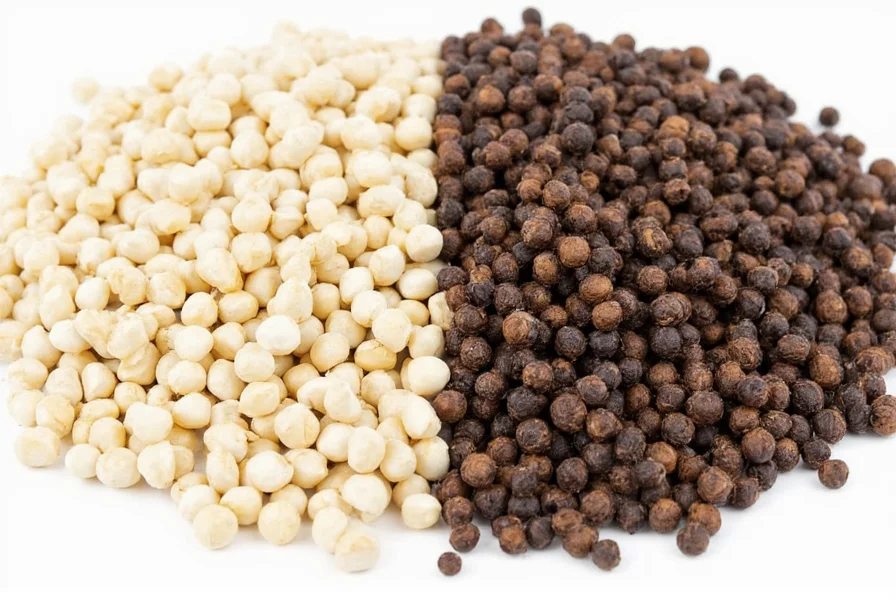 Close-up comparison of white and black peppercorns showing texture and color differences for understanding the difference between white pepper and black
