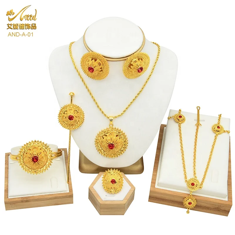 

Africa Nigeria 2021 Women Necklace Wedding Jewellery Gemstone Fashion Pakistani Gold Plated Brand Six piece ruby Jewelry Sets