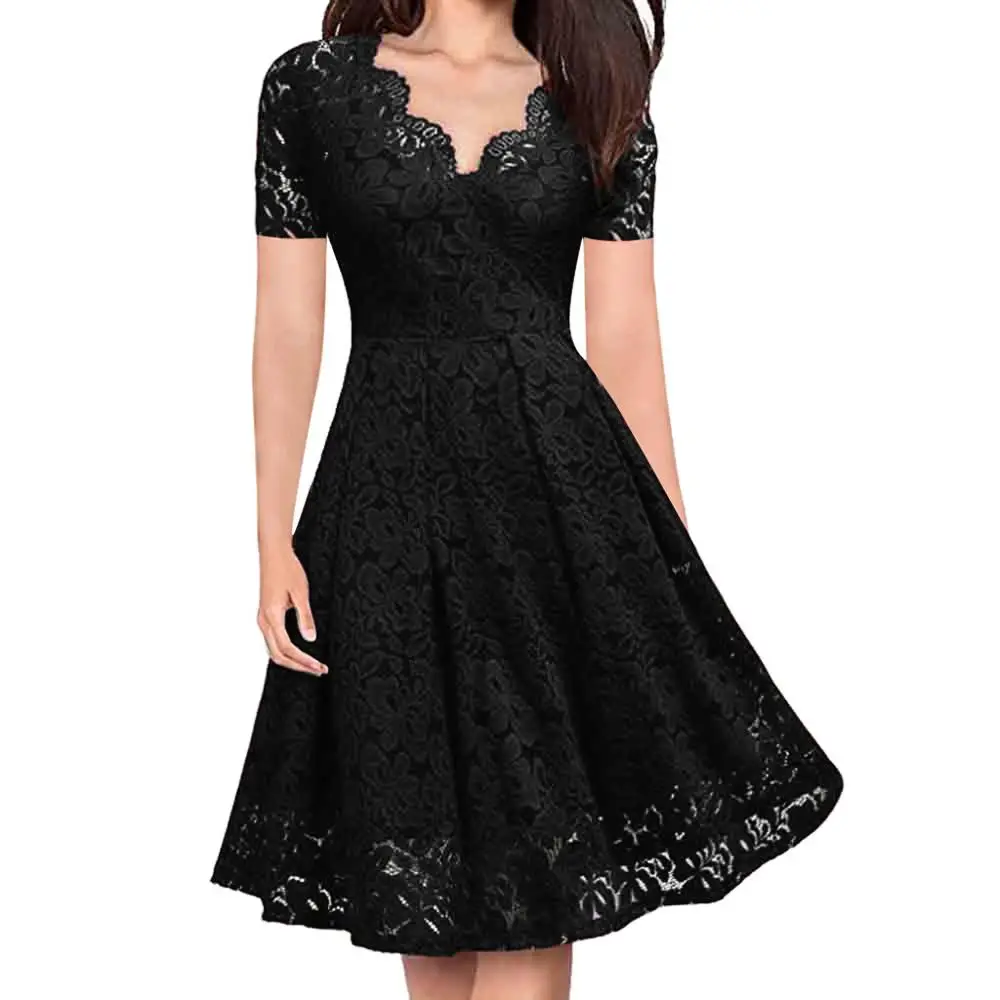 Women Summer Party Dress Elegant Lace Dress Short Sleeve Women Clothing Black Tunic Sundress Party Dress