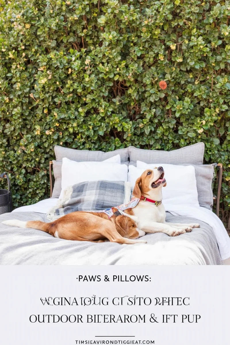 An outdoor bedroom under a wooden pergola with a canopy bed and matching pet bed nearby.