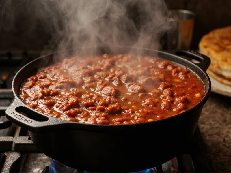 Homemade chilli simmering in cast iron pot with steam
