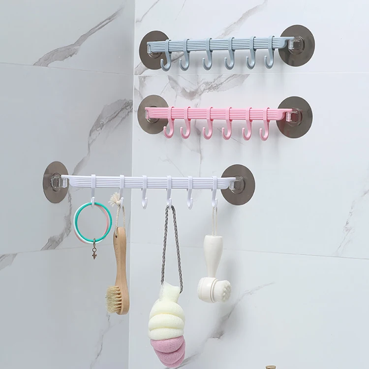 

A2268 Home Glue 6 Row Hook Rack Kitchen Wall Hang Hook Creative Corner Bathroom Rack Traceless Clothes Hanger Hook, 3 colors