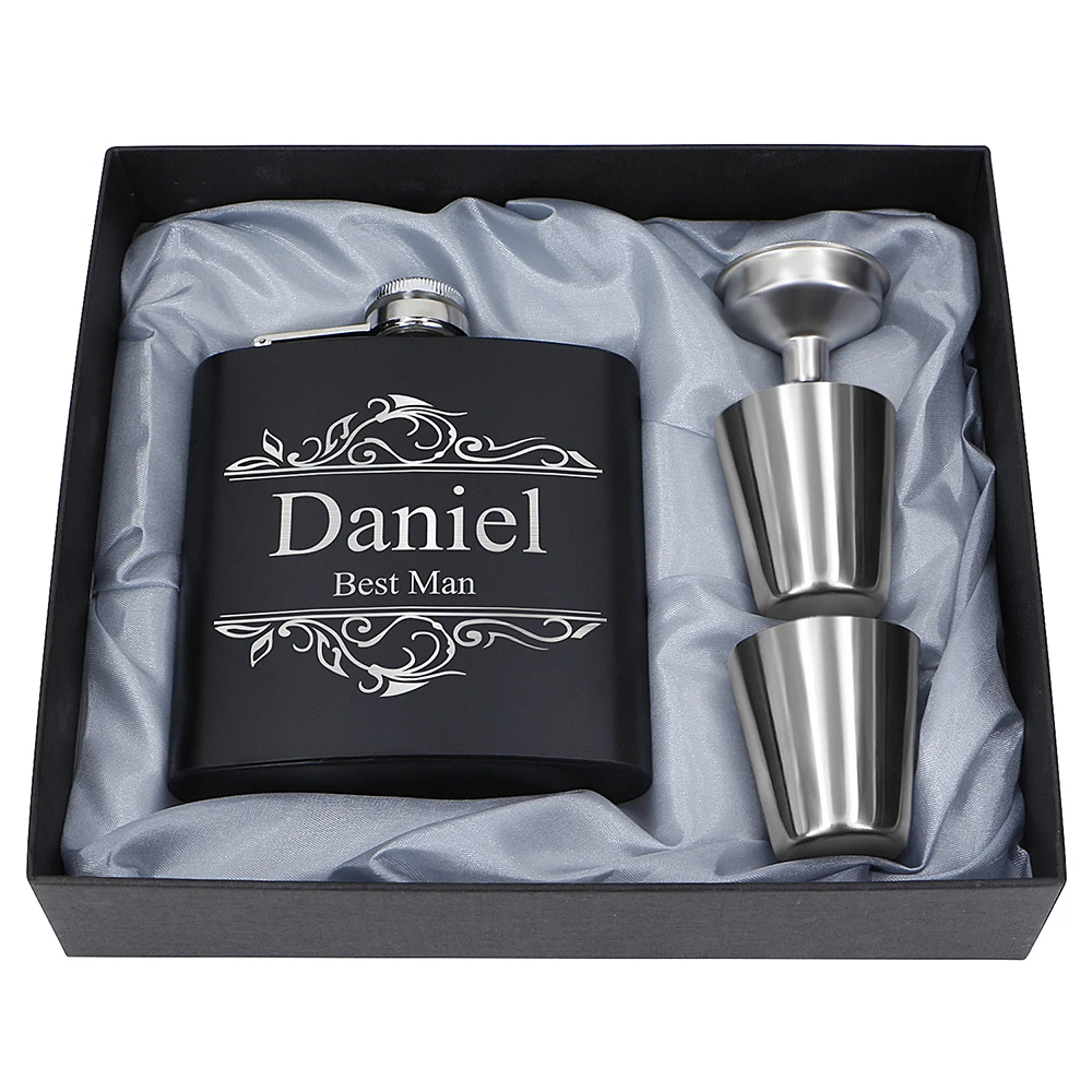 

Custom Engraved 6oz Black Stainless Steel Hip Flask Set OEM Flagon Wine Pot Wedding Favors Dropshipping Groomsmen Gifts