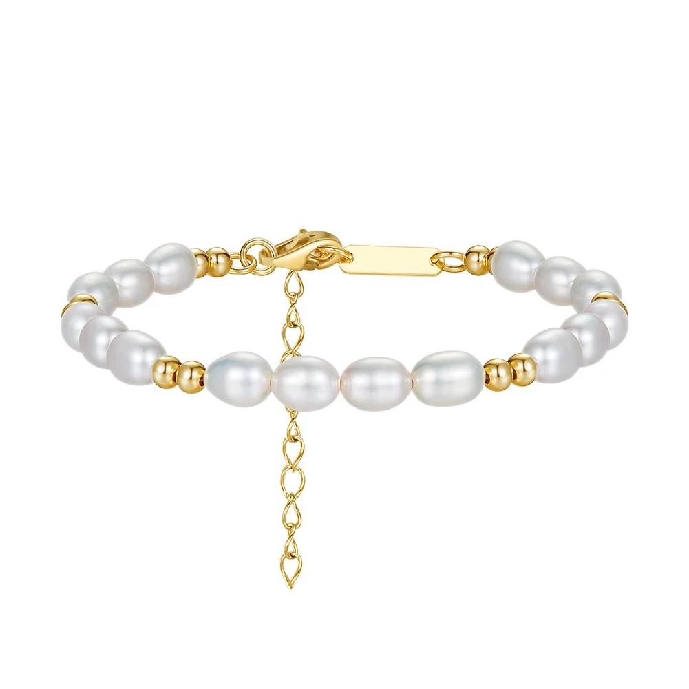 GPB36 RINNTIN Adjustable Cultured Freshwater Pearl 925 Sterling Silver Bead Gold Bracelet for Women Teen Girls