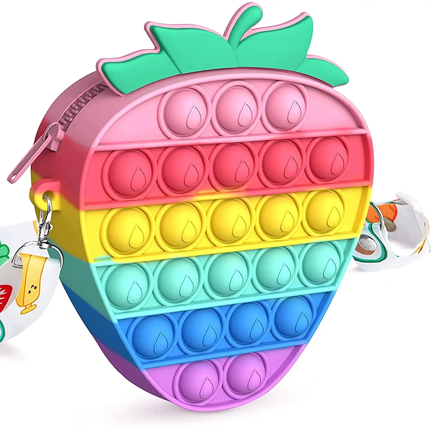 

2 in 1 Kids Strawberry Fidget Toy Crossbody Bag Mini Zipper Silicone Squeeze Popping Bubble Fidget Popper Purse Messenger Bag, Rainbow or customized