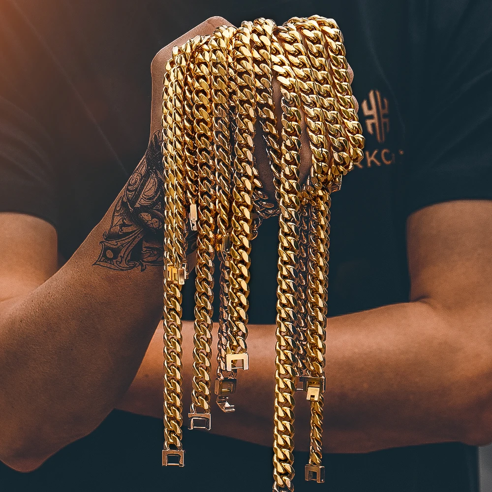 

Wholesale Mens Titanium Stainless Steel Cuban Link Necklace Hip Hop 14k 18k Gold Plated Miami Curb Cuban Link Chain for Men