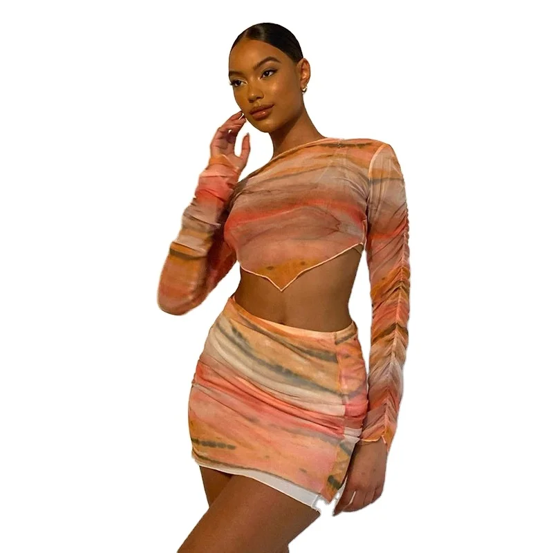 

Outwear New Style Cool Off Fashion Print Sexy See Through Transparent Slim Fit Hip 2 Piece Suit Chiffon Women Short Skirt