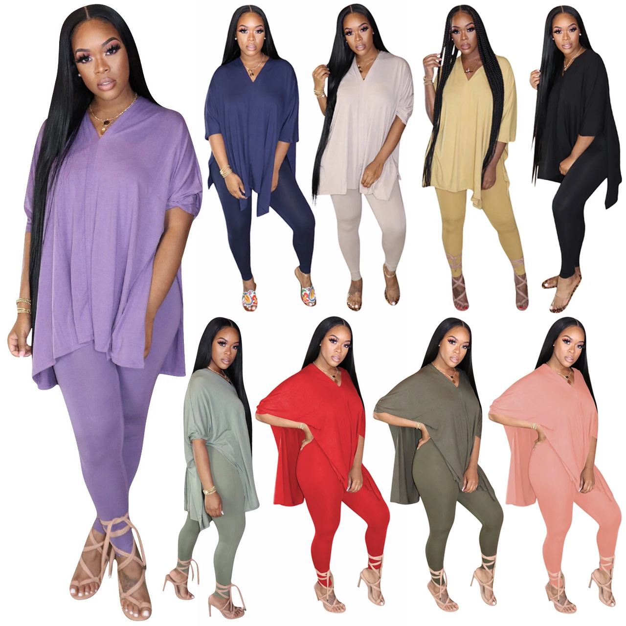 

S M L XL 2XL solid color slit v-neck sexy women plus size two piece set clothing summer 2020, Yellow, red, purple, black, army green, gray green, beige, blue, pink