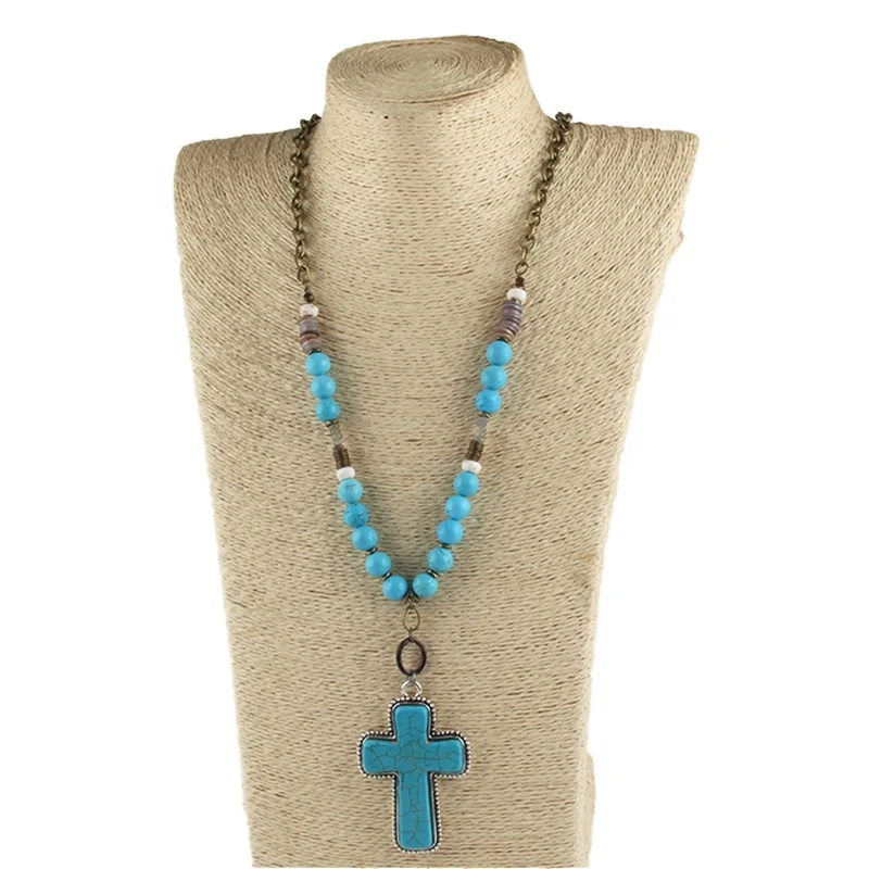 Wholesale New Women Ethnic Necklace Jewelry Link Chain 8mm Amazonite Turquoise Stone Necklace Stone&Alloy Cross Charm Necklace