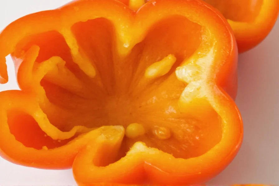 Close-up of fresh orange bell peppers sliced open showing seeds and vibrant interior