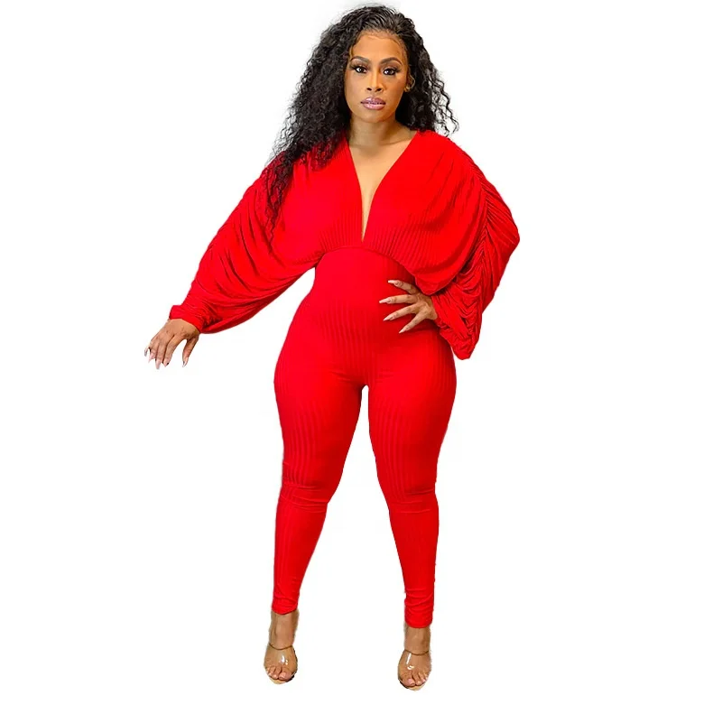 

New design spring bat sleeve corset jumpsuits red v-neck hoodie trending jumpsuit women