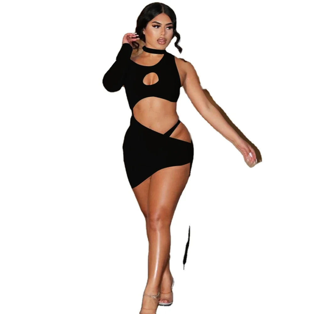 

2021 New arrivals summer collection women sexy one shoulder Asymmetrical and skirt two piece set