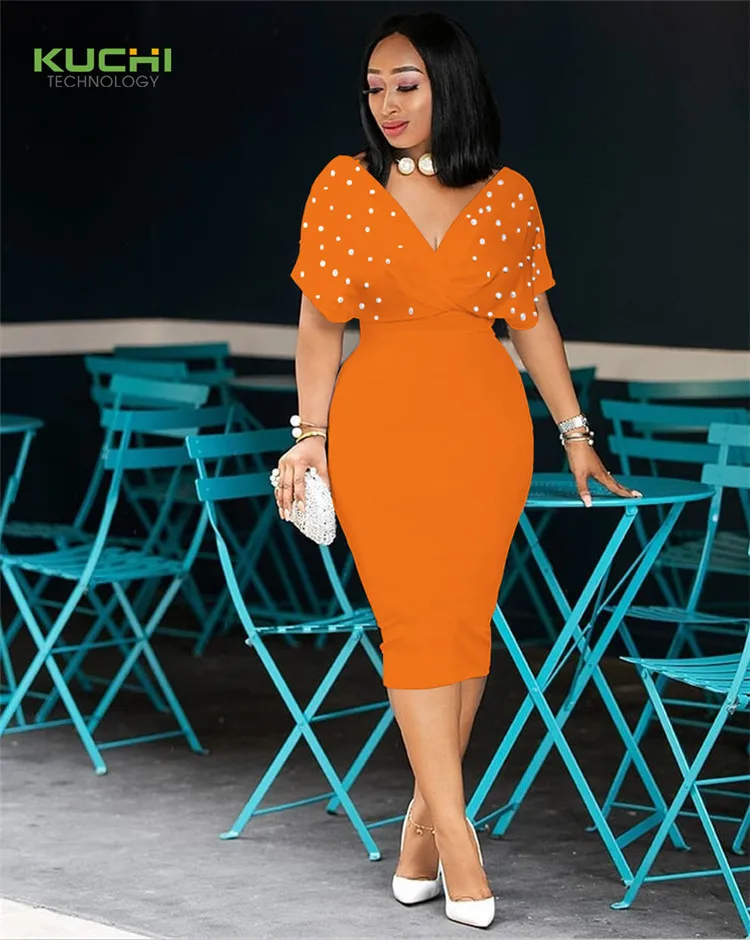 

kuchi 2021 new arrival solid color V neck back zipper fashion solid color dresses for ladies