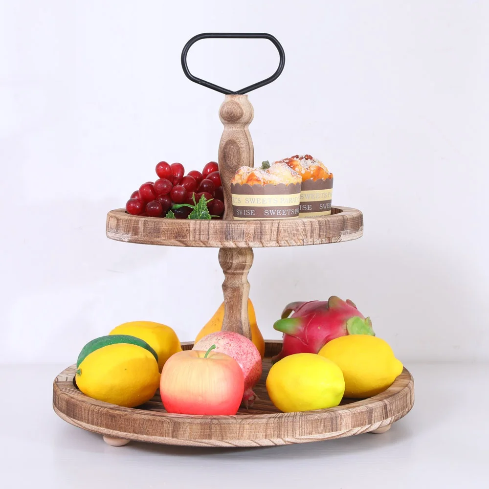 

Two tiered tray with metal handles distressed wooden farmhouse kitchen decoration wooden decorative fruit stand