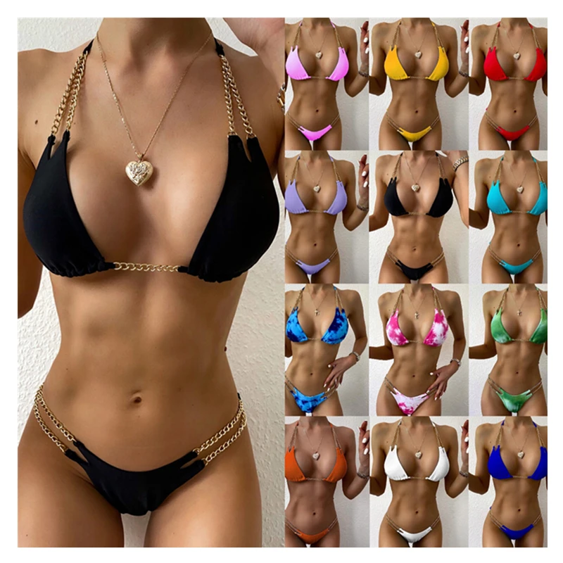 

2021 Summer New Sexy Bikini Chain Bikini Split Two Pieces Set Swimwear Tie Dye Beachwear for Women, As picture shown