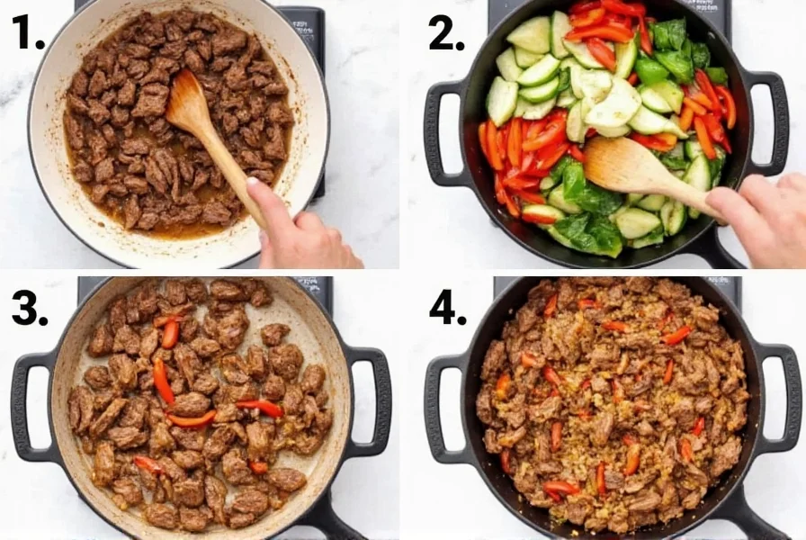 Step-by-step cooking process showing beef marinating, vegetable slicing, and stir-frying technique for beef pepper steak and rice
