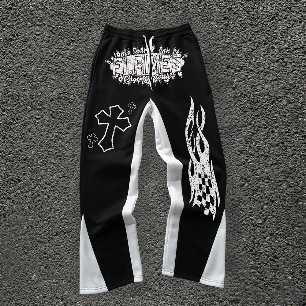 High Street Block Color Men's Flared Sweatpants Drawstring Mid-Waist Custom DTG Printing Sweatpants