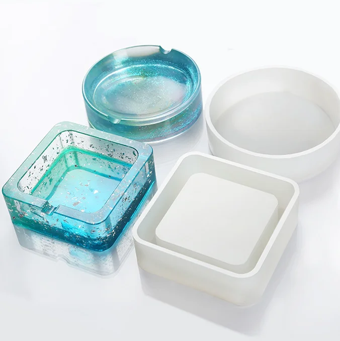 

diy crystal epoxy custom shiny resin molds silicone round square silicon mold ashtray resin, White