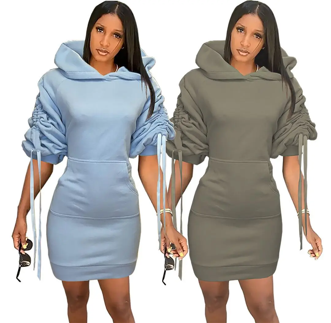 

2021 Fall Winter dress Puffy sleeves dress Casual Hoodie Ruched Fleece Slim Dress Women, Picture color