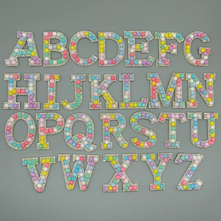 A to Z Macaroon Color Alphabet Acrylic Pearl Round Beads Rhinestone Words Iron on Applique 3D Letter Patches
