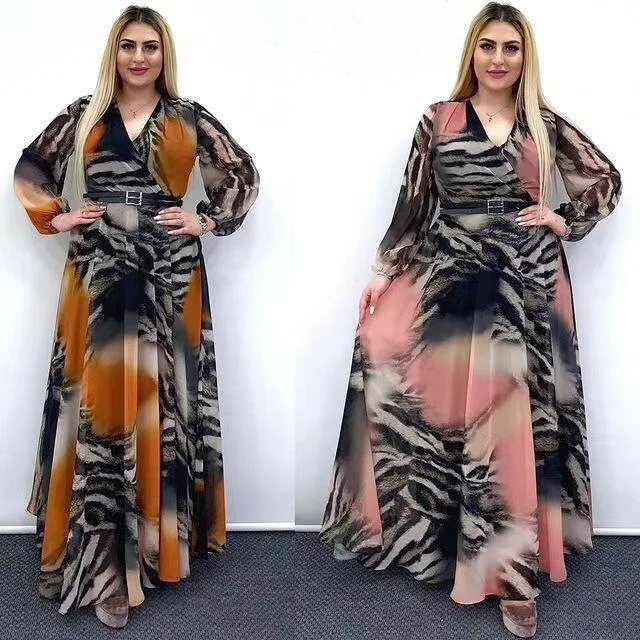 

African women's fashion V-neck Long dress and lady printed dress with belt, Customized color