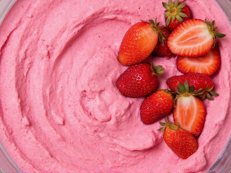 Fresh strawberries blended into vibrant pink ice cream mixture