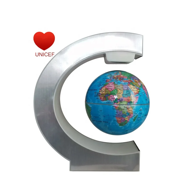 
High quality desktop decoration D.10.6/14cm magnet floating world globe plastic political map ball with LED light C shape base 