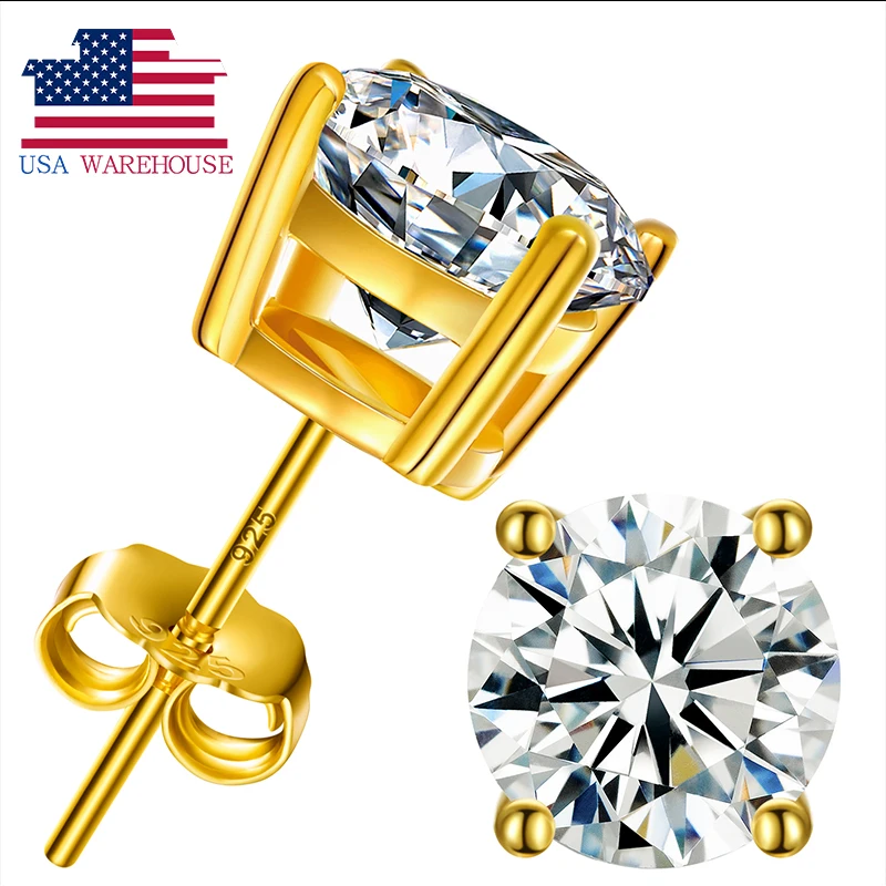 USA Stock Genuine Solid 925 Sterling Silver Push Back VVS Moissanite Diamond Classic Solitaire Stud Earrings For Men Women