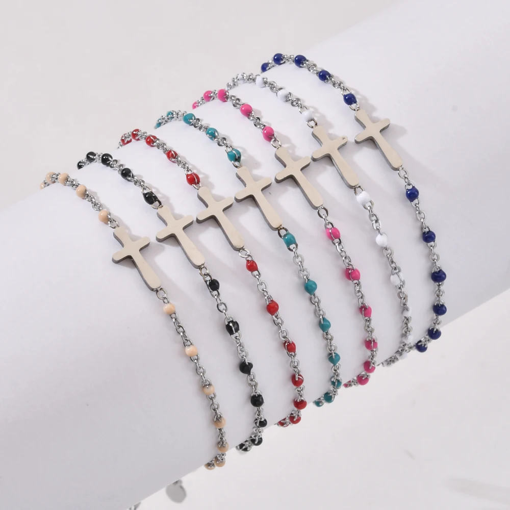 

ZMZY Fashion Original Stainless Steel Bracelets Link Cable Chain Cross Silver Color Enamel Bracelet Jewelry For Women Gifts