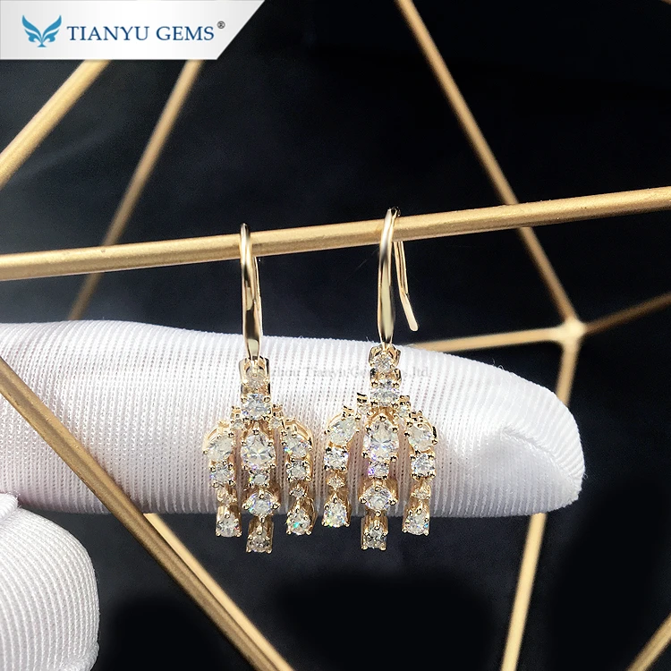 Tianyu 14k/18k yellow gold earring colorless moissanite drop earring for ladies