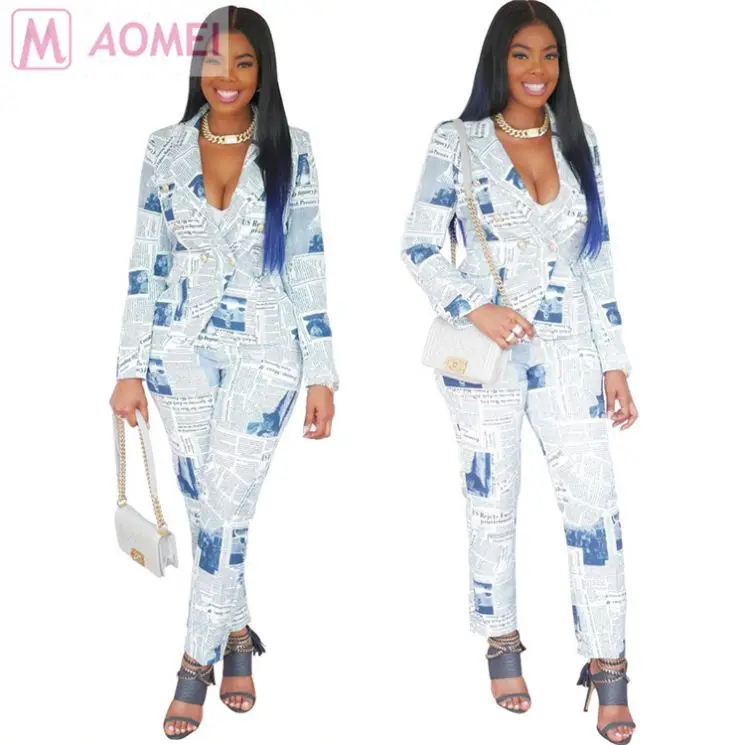 

W2045 design fashion newspaper print autumn blazer suit two piece outfits set women clothing