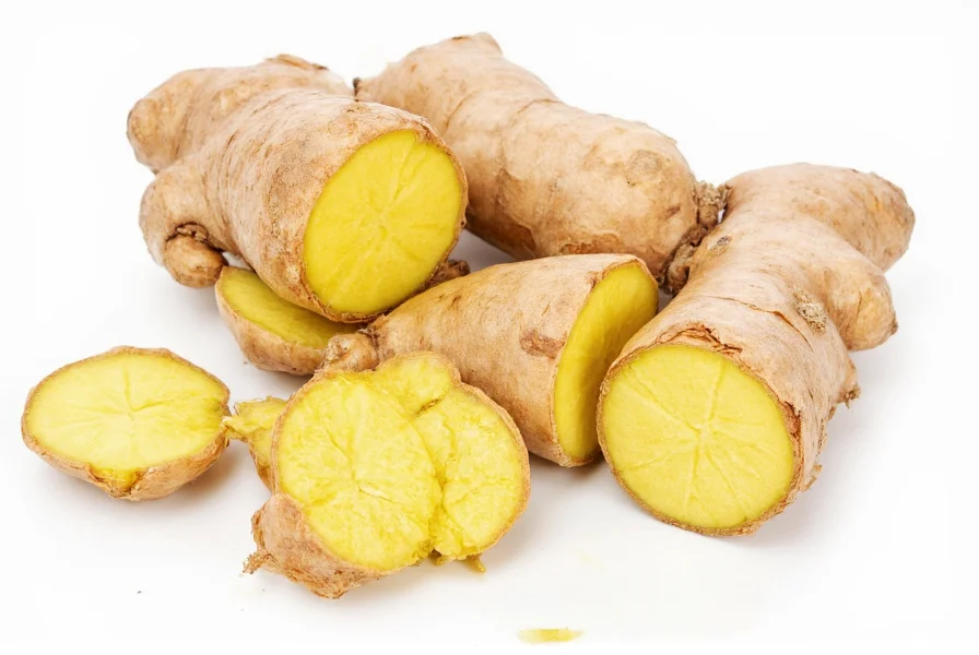 Fresh ginger root with sliced pieces showing fibrous interior and bioactive compounds diagram