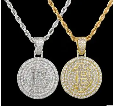 

Hip Hop Full Cubic Zirconia Bitcoin Pendant customize Iced out Tennis Chain Fashion Necklace, Gold,silver,black