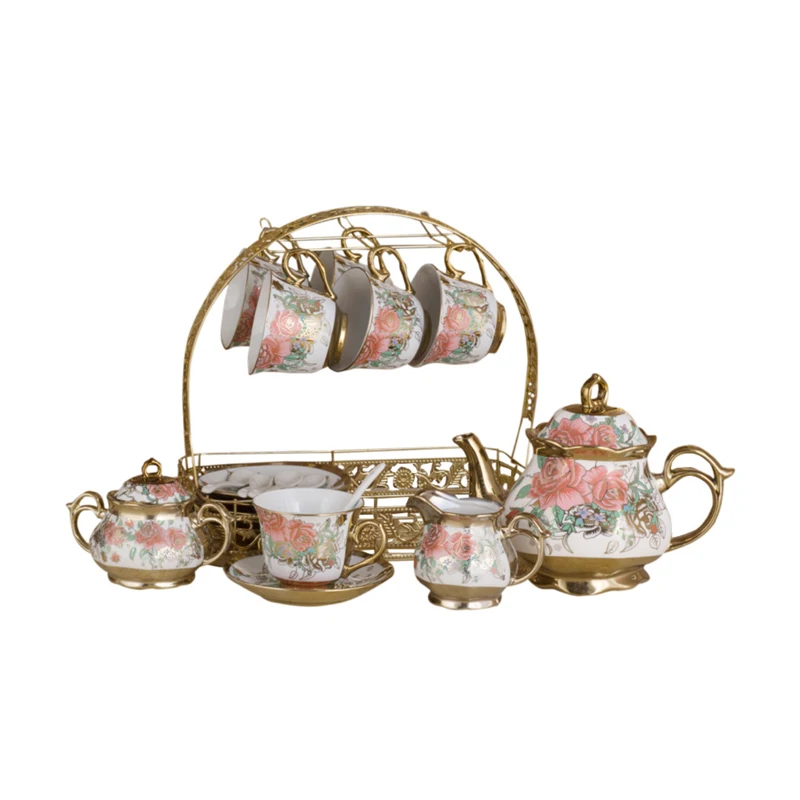 

Luxury Plating Ceramic Flower Teapot Coffee Cup and Saucer Afternoon Tea Set for Wedding Gifts, Red roses/cherry blossoms/blue and white flowers