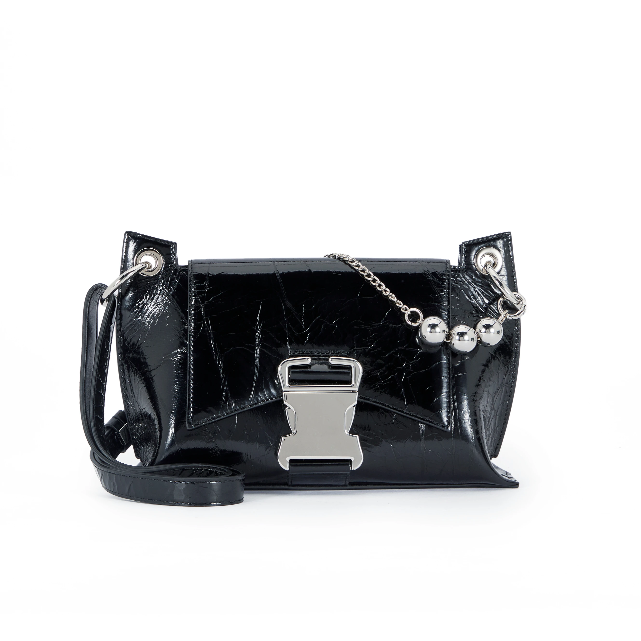 

personality fashion white steel ball chain decoration white steel lock shoulder bags women messenger bag, Black