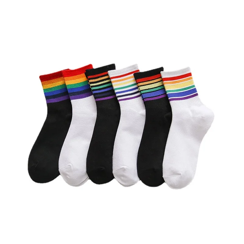 

Color socks women's tube socks stripes ins trend Korean winter men's cotton socks autumn and winter long tube