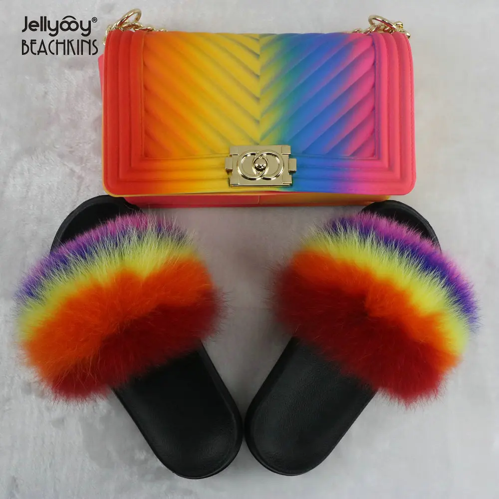 

Jellyooy BEACHKINS PVC Rainbow Jelly Bag With Fox Fur Slippers Sets Matte V Stripe Purse Bag Match Colorful Fur Sandals Slides, 10 colorful colors