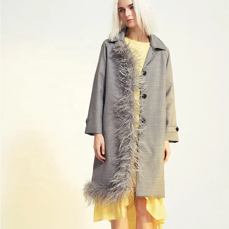 

OUDINA Spring Detachable Irregular Stitching Flowing Ostrich Feather Plaid Long Trench Coats Women, Gray