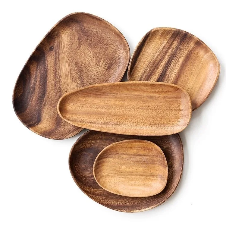 

Household Kitchen Items Accessories Wooden Serving Plate Set Acacia Wood Irregular Shaped Dish And Plate, Dark color