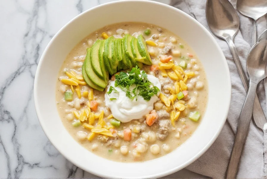 Finished white chili served in bowl with toppings like sour cream, avocado, and cilantro