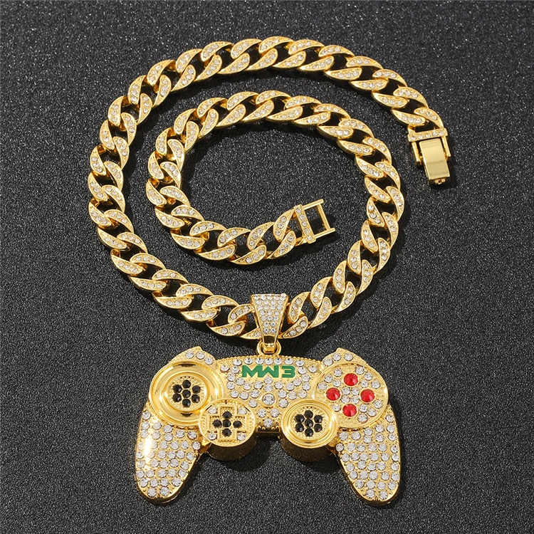 

Hip Hop Black Crystal 18k Gold Plated Jewelry Cuban Chain Game Machine Iced Out CZ Alloy Miami Cuban Link Chain Necklace