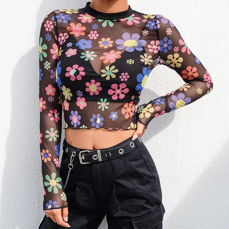 

Wholesale Print Mesh Sexy T Shirt Crop Top Turtleneck Long Sleeve Graphic Tees Women Slim Streetwear Shirts, Picture