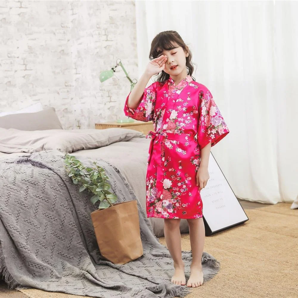 

Children's Solid /Printing Color Nightgown Satin Bathrobe Silk Wedding Flower Girls Kimono Robes, Multi color or can be customized