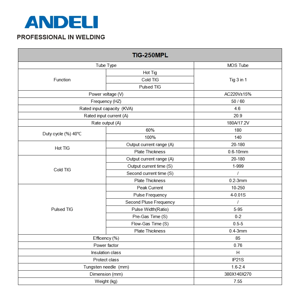 
ANDELI TIG-250MPL intelligent MOS 220V multifunctional welding machine TIG/COLD/PULSE TIG welding cold welding spot welding 