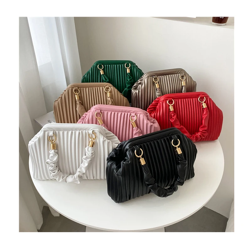 

Classic Pleated Striped PU Leather Women Shoulder Bags Ruched Handle Designer Solid Color Handbags Ladies Crossbody Bags Sac