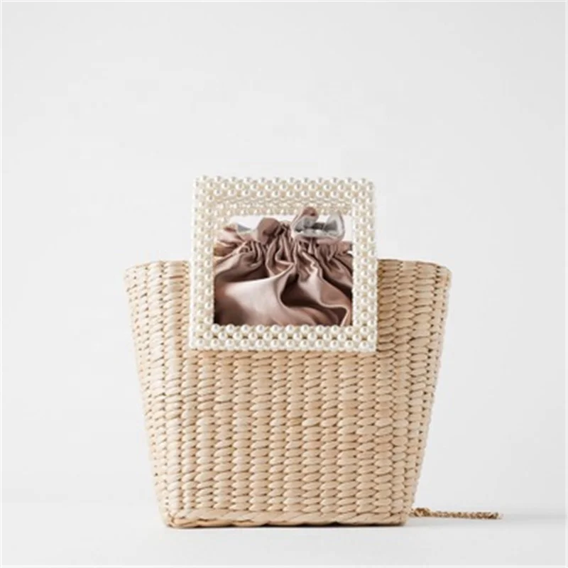 

New bali rattan clutch bag handmade palm grass women tote bag pearl beaded handle straw woven summer beach shoulder bag, Customizable