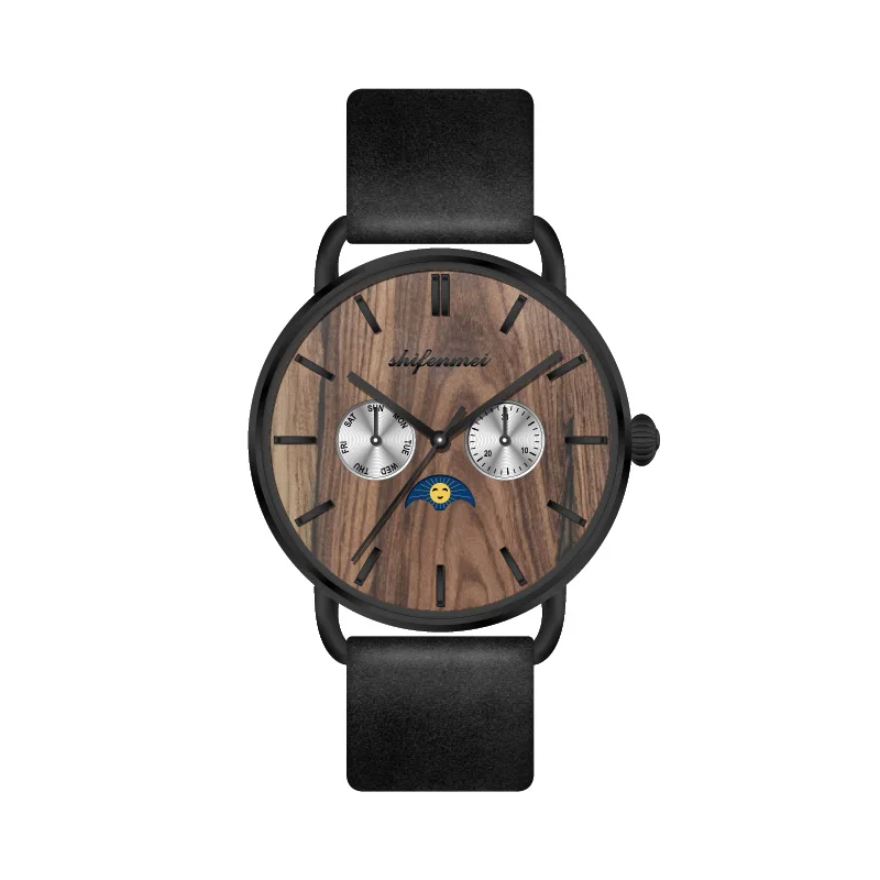 

moon phrase custom chronograph wood dial wooden quartz wrist watches, 5 colors